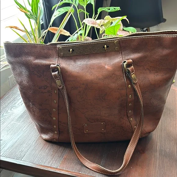 Patricia Nash Benvenuto Tote Signature Map Leather Brown Bag Purse Large